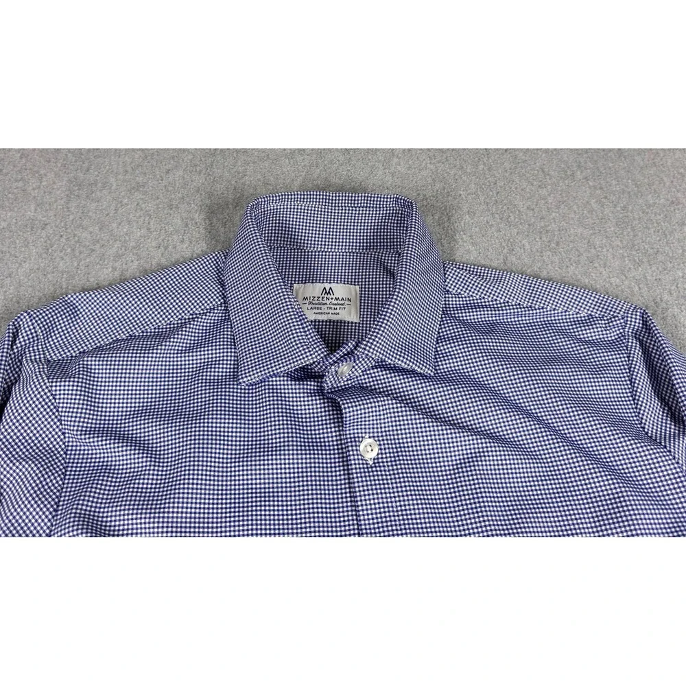 Mizzen Main Shirt Mens Large‎ Trim Fit Blue Gingham Check Performance